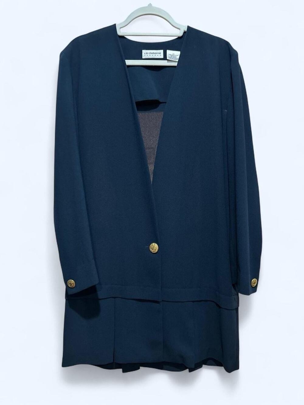 VTG 80s Liz Claiborne Navy Pleated Blazer Dress Gold Buttons 10 Dark Academia